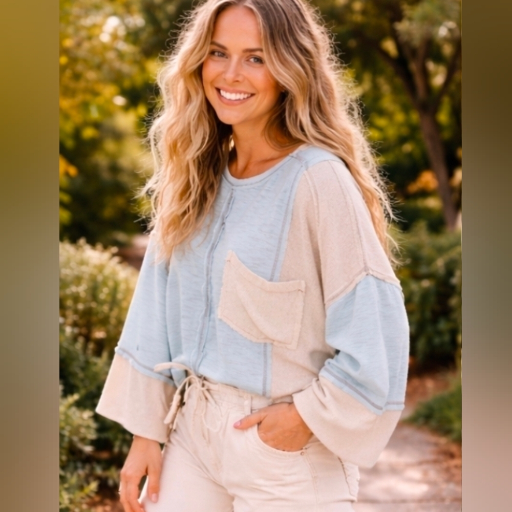 POL Round Neck Contrast Stitching High-Low Long Sleeve T-shirt Blue S,M,L NWT$74